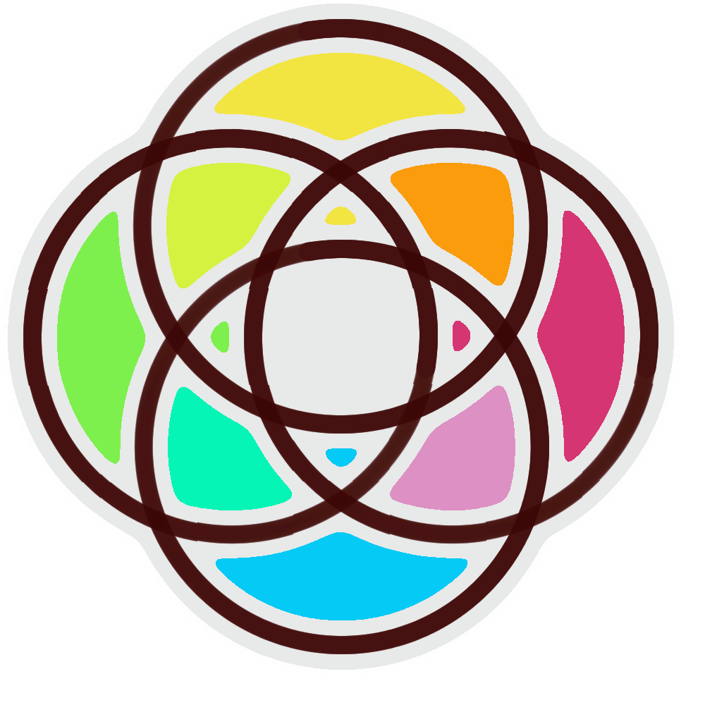 emmengard's plural unity rings, 4 interlocking circles. the circles are outlined in white but the panels are filled in with varying colors